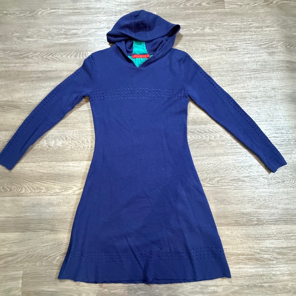 Krimson Klover Womens Royal Blue 100% Merino Wool Hooded Sweater Dress Small